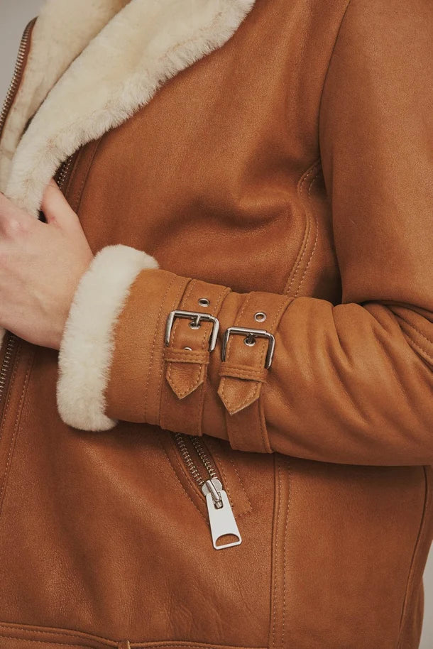 Selene - Women's Light Brown Aviator Shearling Leather Jacket