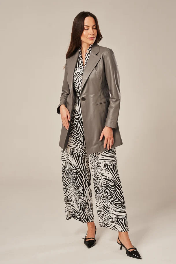Serelle - Women's Long Length Gray Leather Blazer