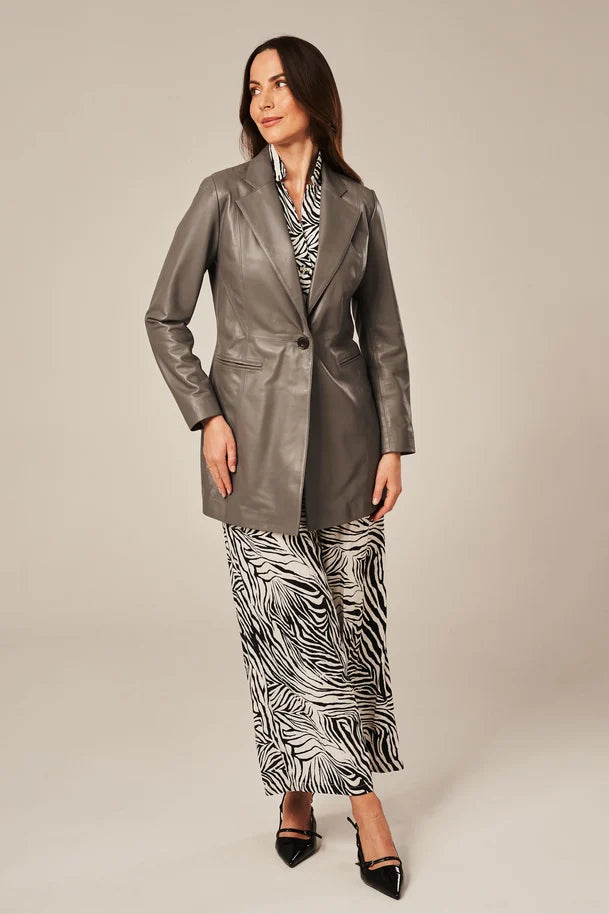 Serelle - Women's Long Length Gray Leather Blazer