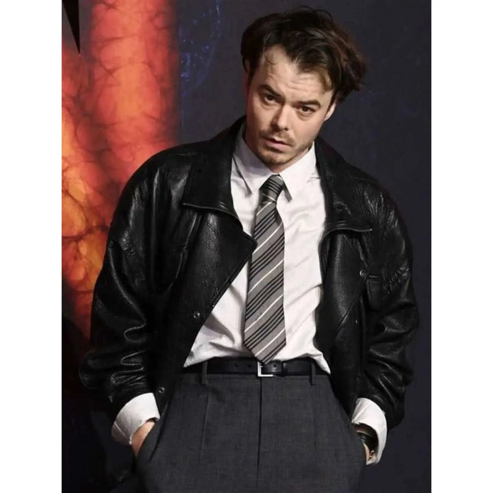 Stranger Things S05 UK Special Screening Charlie Heaton Leather Jacket