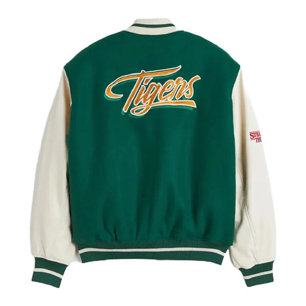 Unwind Leather Stranger Things Hawkins Tigers Baseball Varsity Jacket on a white background