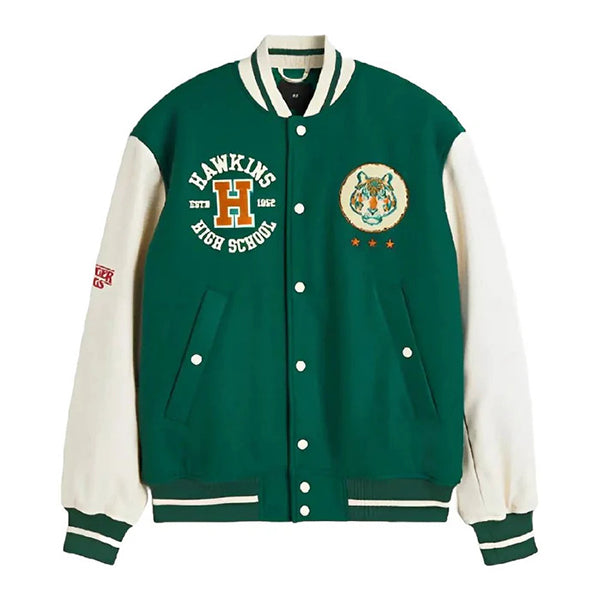 Unwind Leather Stranger Things Hawkins Tigers Baseball Varsity Jacket on a white background