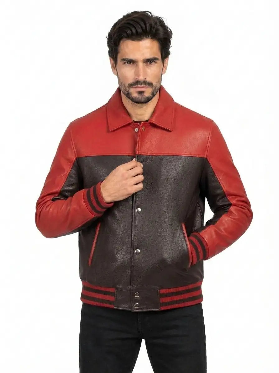 Helvian - Red & Black Sheepskin Leather Varsity Jacket
