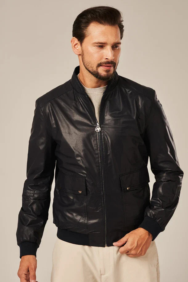 Men's Dark Blue Leather Bomber Jacket