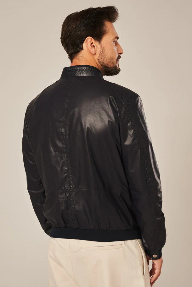 Torin - Men's Dark Blue Leather Bomber Jacket