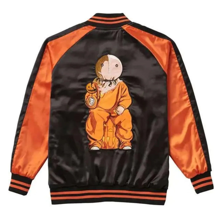 Black and orange jacket with a cartoon character design on a white background