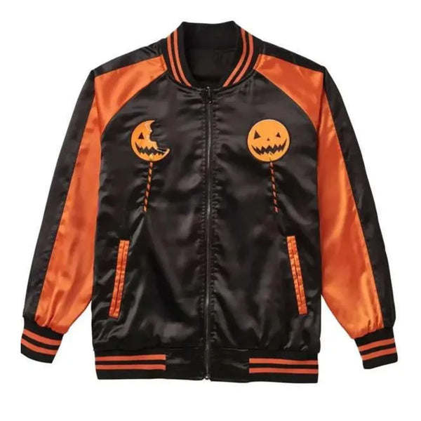 Black and orange jacket with pumpkin face designs on a white background