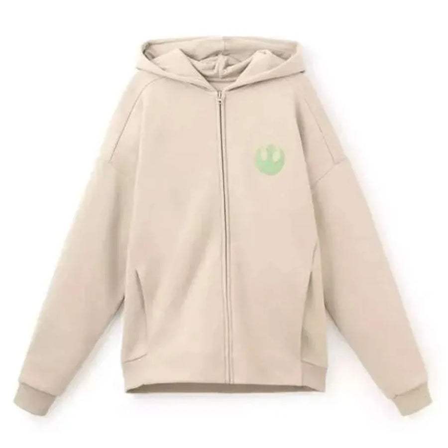 Unisex Beige Fleece Zip-Up Hoodie with Hooded Collar