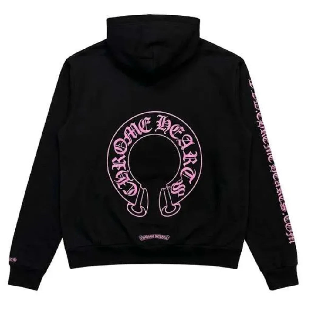 Unisex Black and Pink Pullover Fleece Hoodie with Kangaroo Pocket