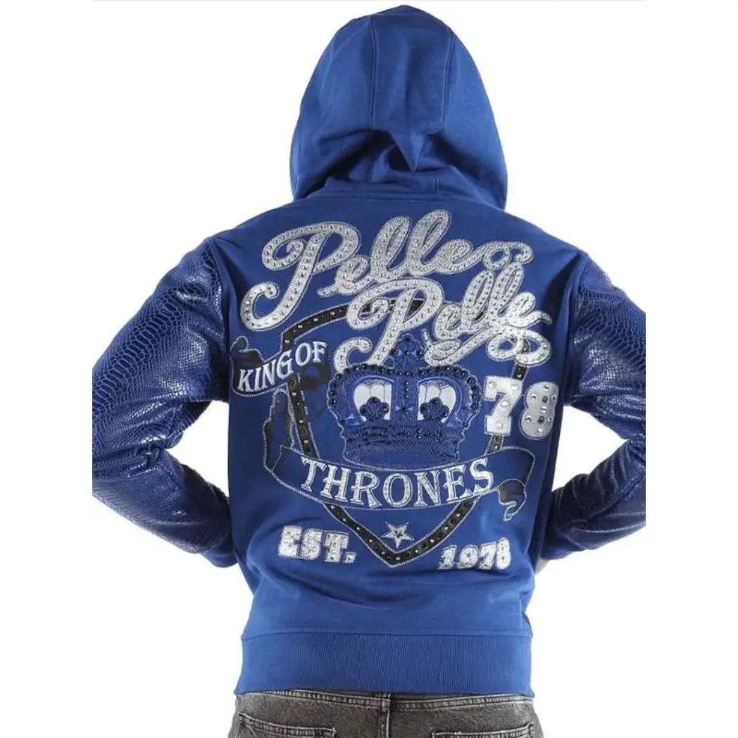 Unisex Blue Fleece Hoodie with Leather Sleeves