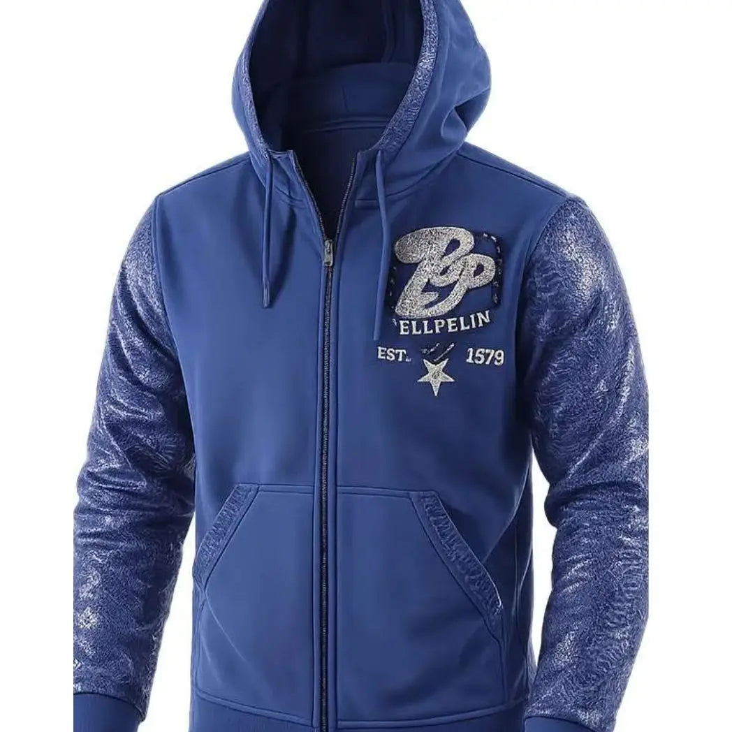 Unisex Blue Fleece Hoodie with Leather Sleeves