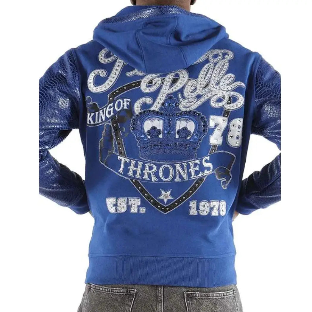 Unisex Blue Fleece Hoodie with Leather Sleeves