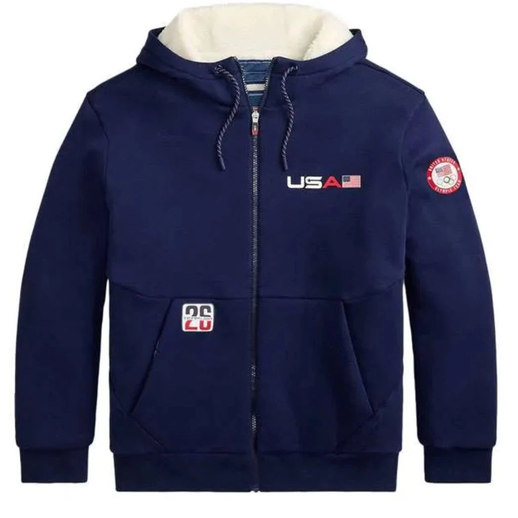 Unisex Blue Sherpa-Lined Fleece Zip Hoodie