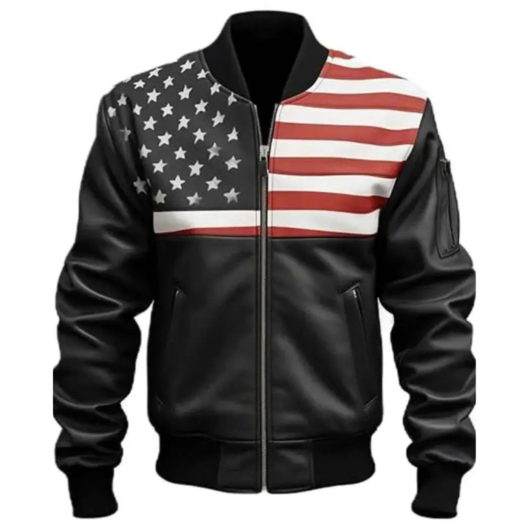 Unisex USA Flag Bomber Lambskin Leather Jacket