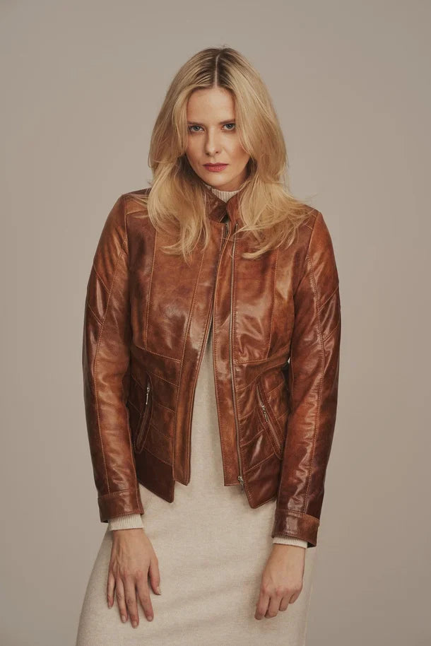 Velmira - Women's Distressed Brown Leather Jacket