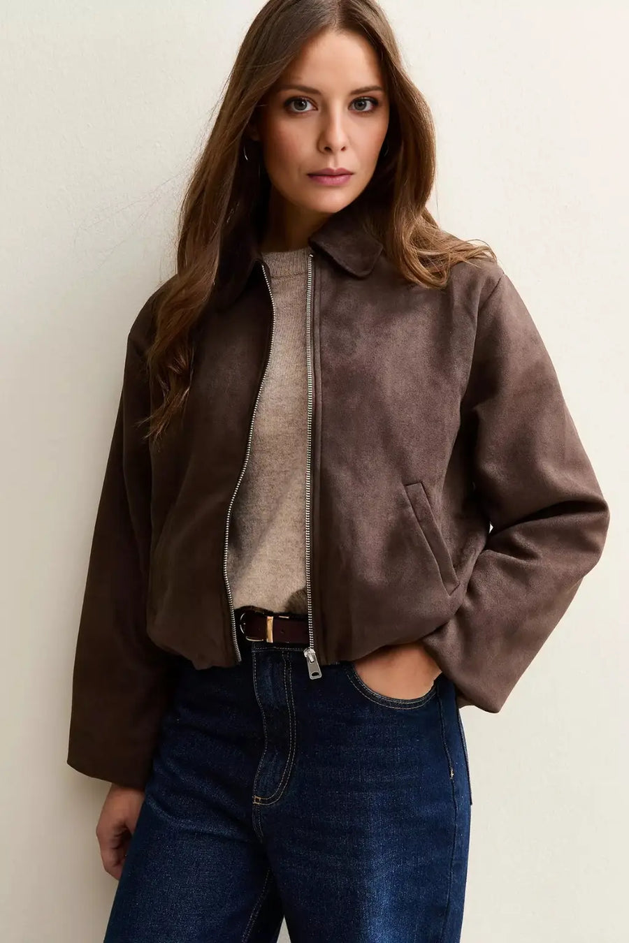 Women's Suede Leather Brown Bomber Jacket