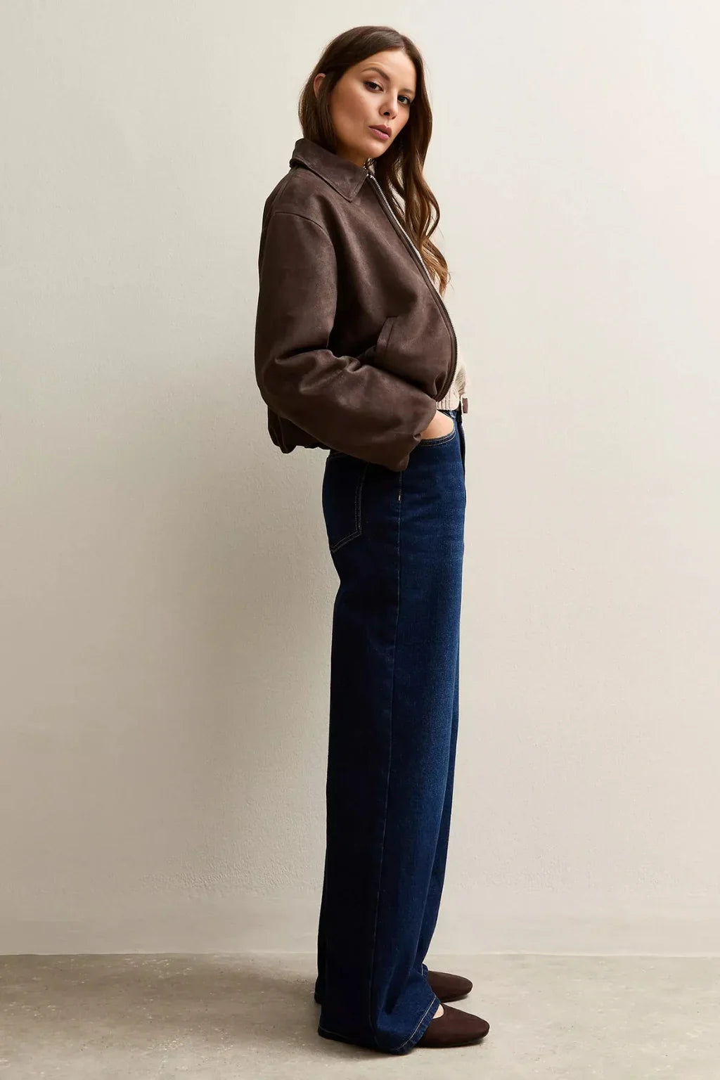 Vespera - Women's Suede Leather Brown Bomber Jacket