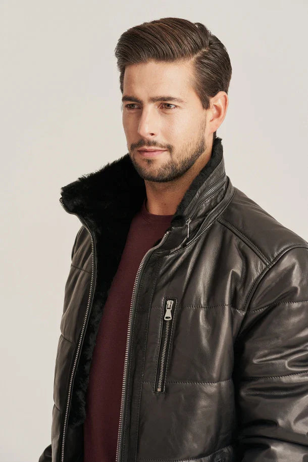 Voren - Men's Bomber Style Hooded Puffer Leather Jacket