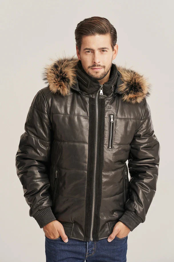 Voren - Men's Bomber Style Hooded Puffer Leather Jacket