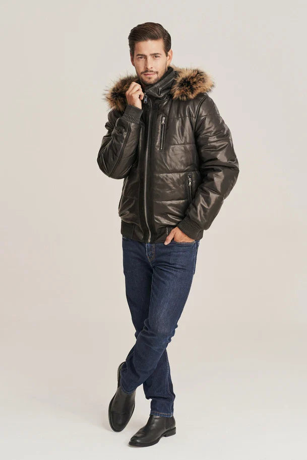 Voren - Men's Bomber Style Hooded Puffer Leather Jacket