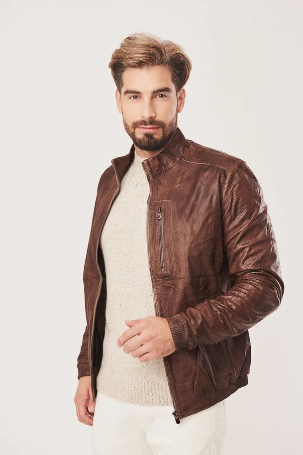 Vorn - Men's Distressed Brown Leather Bomber Jacket