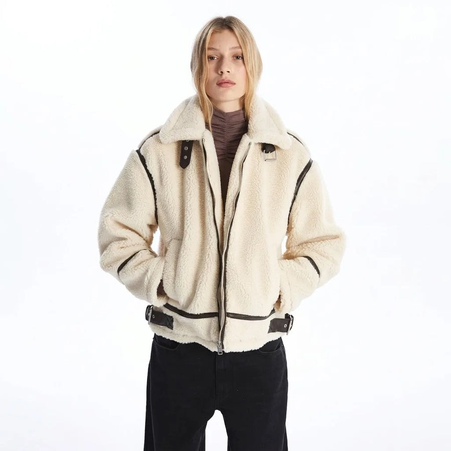White Shearling Leather Jacket For Women