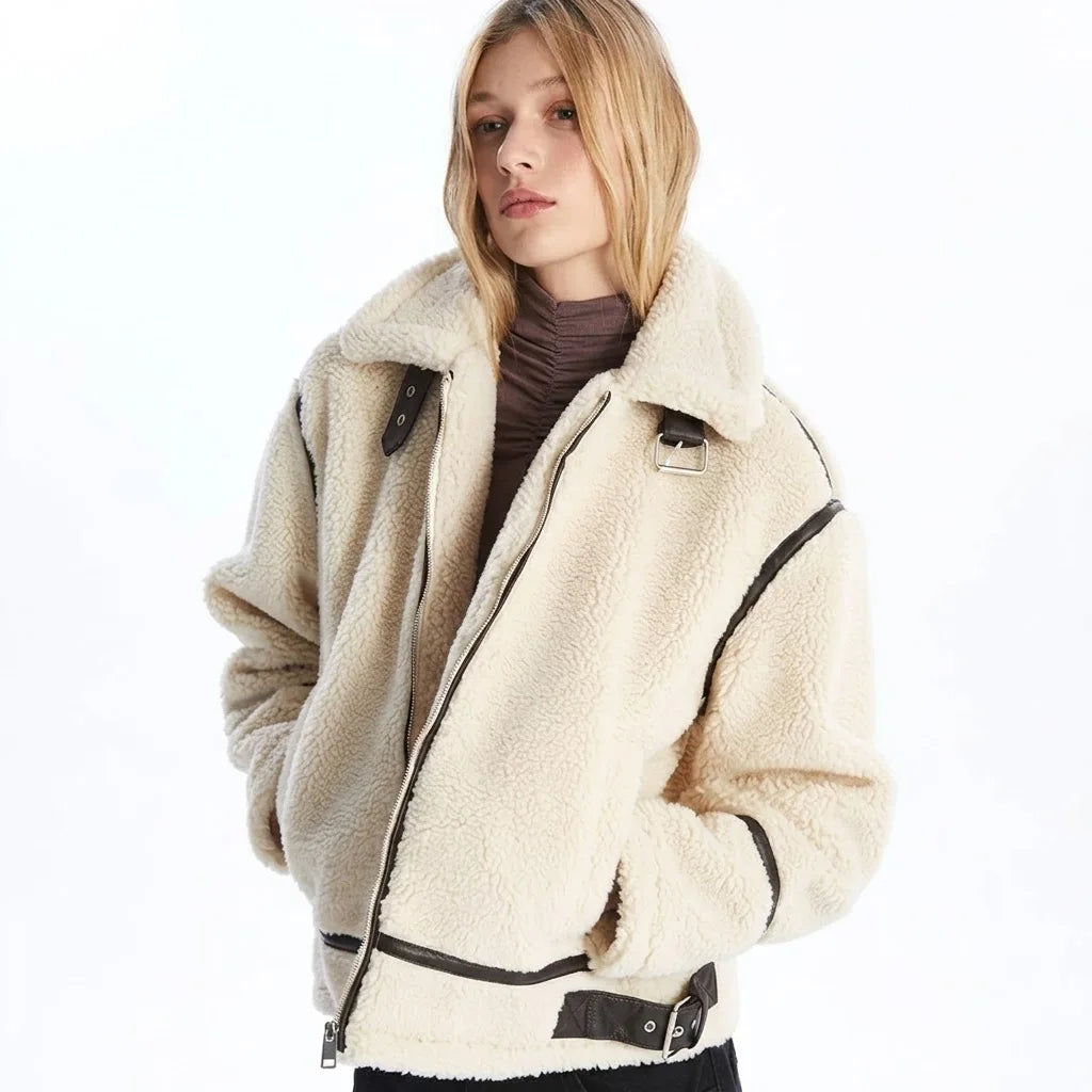  White Shearling Leather Jacket For Women
