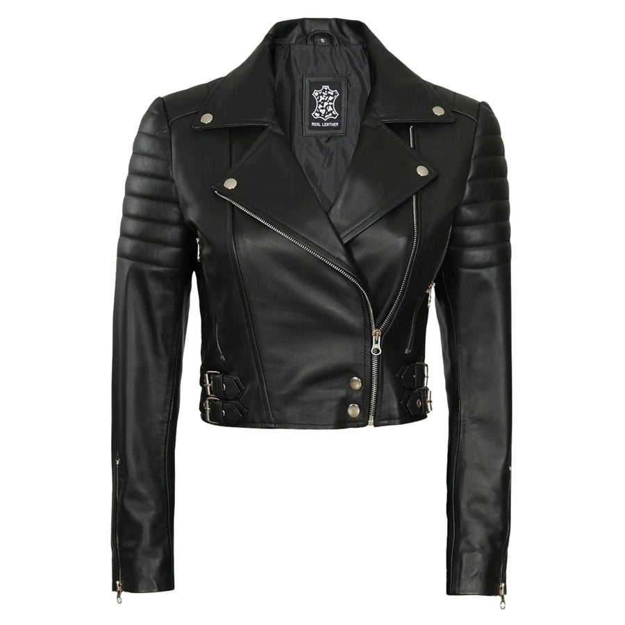 Women Asymmetrical Black Cropped Biker Style Sheepskin Leather Jacket
