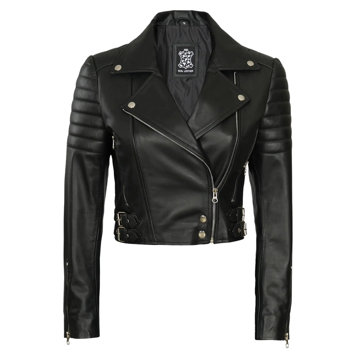 Women Asymmetrical Black Cropped Biker Style Sheepskin Leather Jacket

