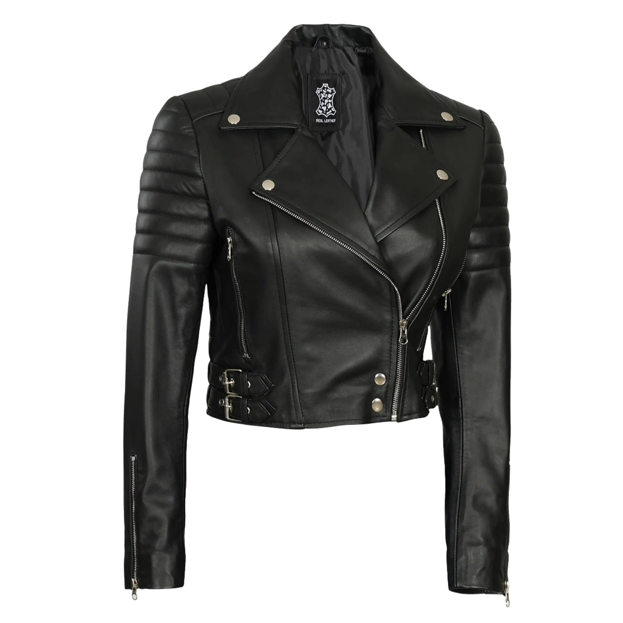 Women Asymmetrical Black Cropped Biker Style Sheepskin Leather Jacket
