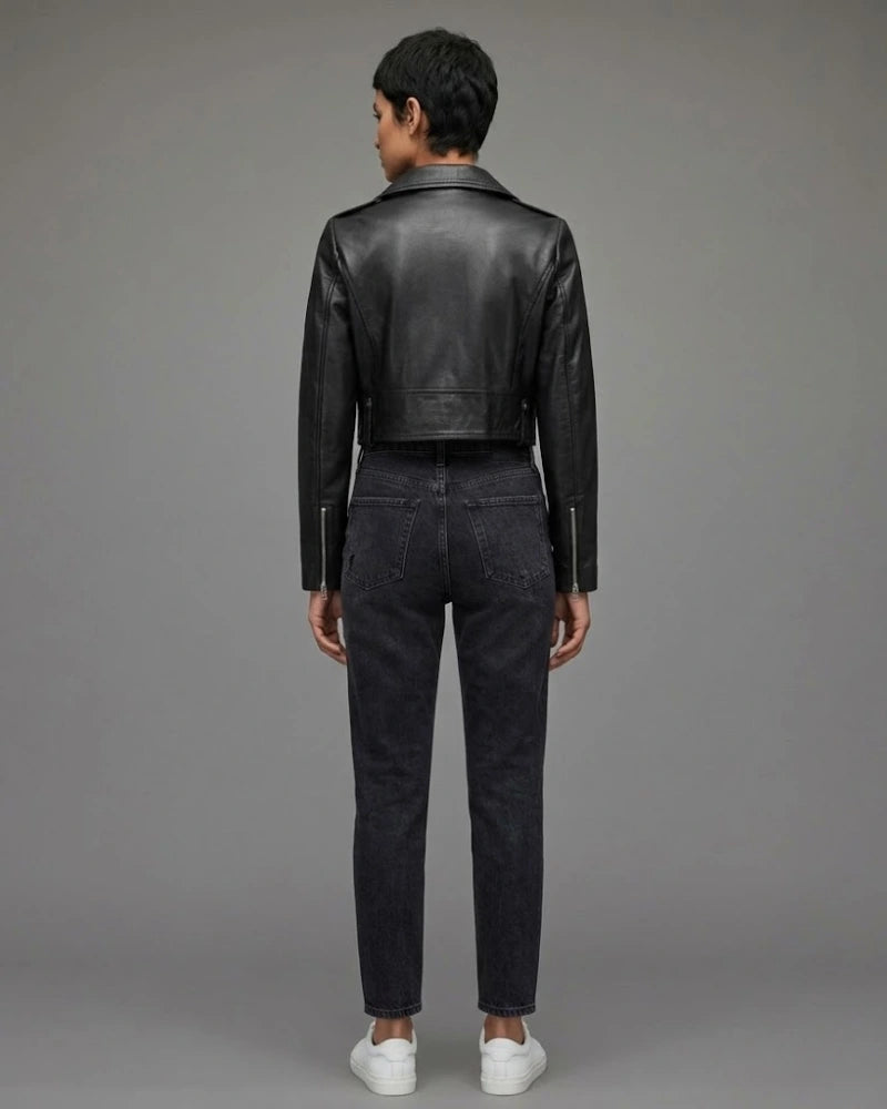 Women Black Asymmetrical Cropped Leather Jacket