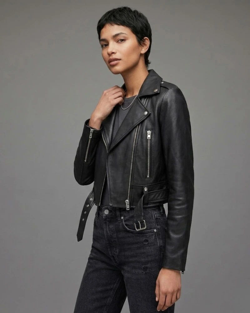 Women Black Asymmetrical Cropped Leather Jacket