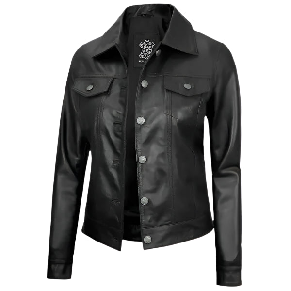 Black leather jacket on a white background