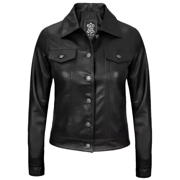 Women Black Sheepskin Leather Trucker Jacket