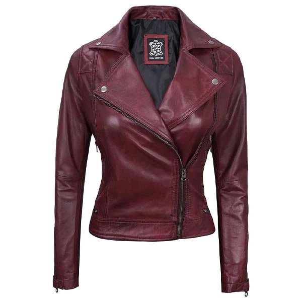 Women Burgundy Motorcycle Leather Jacket