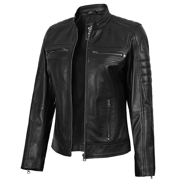 Women Cafe Racer Quilted Black Leather Jacket