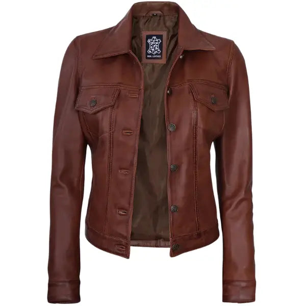 Women Cognac Brown Trucker Leather Jacket