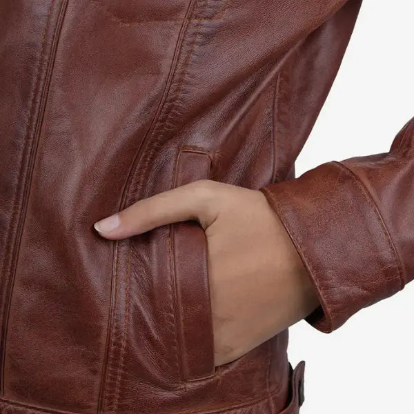 Women Cognac Brown Trucker Leather Jacket
