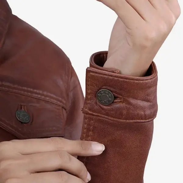 Women Cognac Brown Trucker Leather Jacket