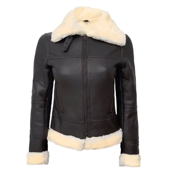 Women Dark Brown Leather Bomber Shearling Jacket