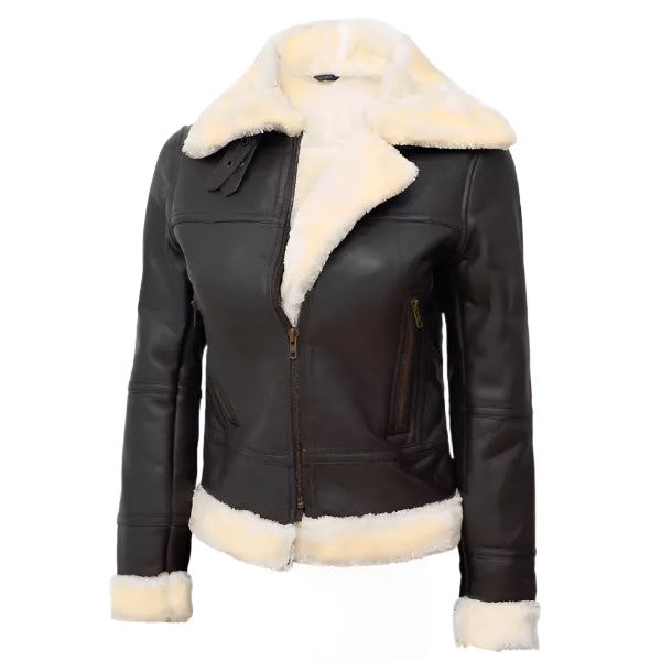 Women Dark Brown Leather Bomber Shearling Jacket