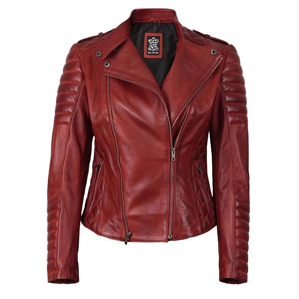 Women Maroon Quilted Motorcycle Leather Jacket