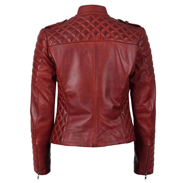 Women Maroon Quilted Motorcycle Leather Jacket