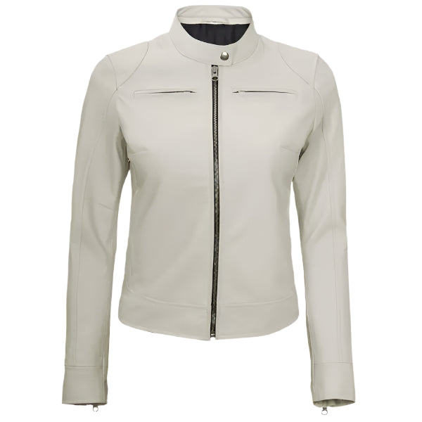 Women Off White Cafe Racer Leather Jacket on a white background