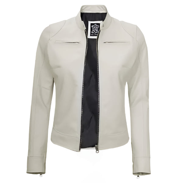 Women Off White Cafe Racer Leather Jacket on a white background