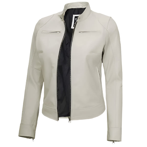 Women Off White Cafe Racer Leather Jacket on a white background
