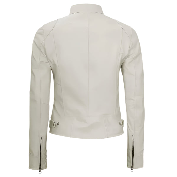 Women Off White Cafe Racer Leather Jacket on a white background