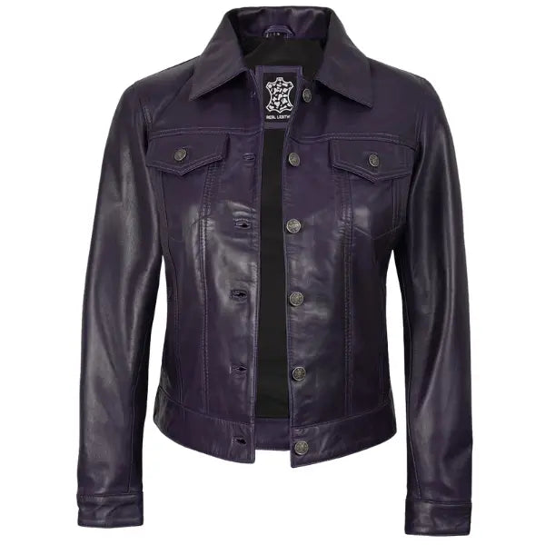 Women Purple Leather Trucker Jacket