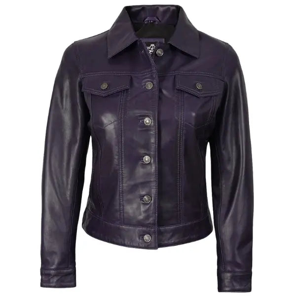 Women Purple Leather Trucker Jacket