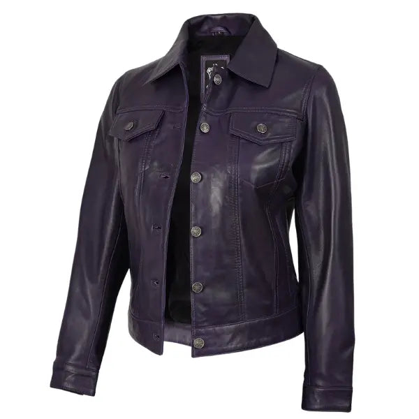 Women Purple Leather Trucker Jacket